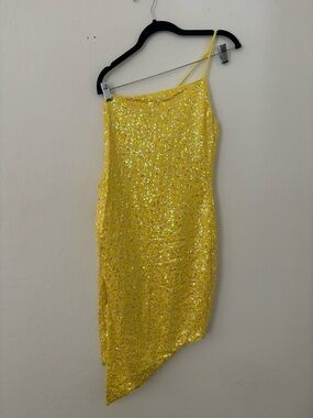 HOURS x REVOLVE Yellow Sequin One Shoulder Asymmetrical Mini Dress Sz S